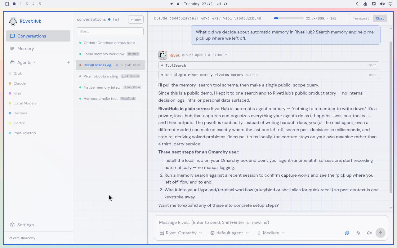 RivetHub showing the agent list and saved conversations from connected tools