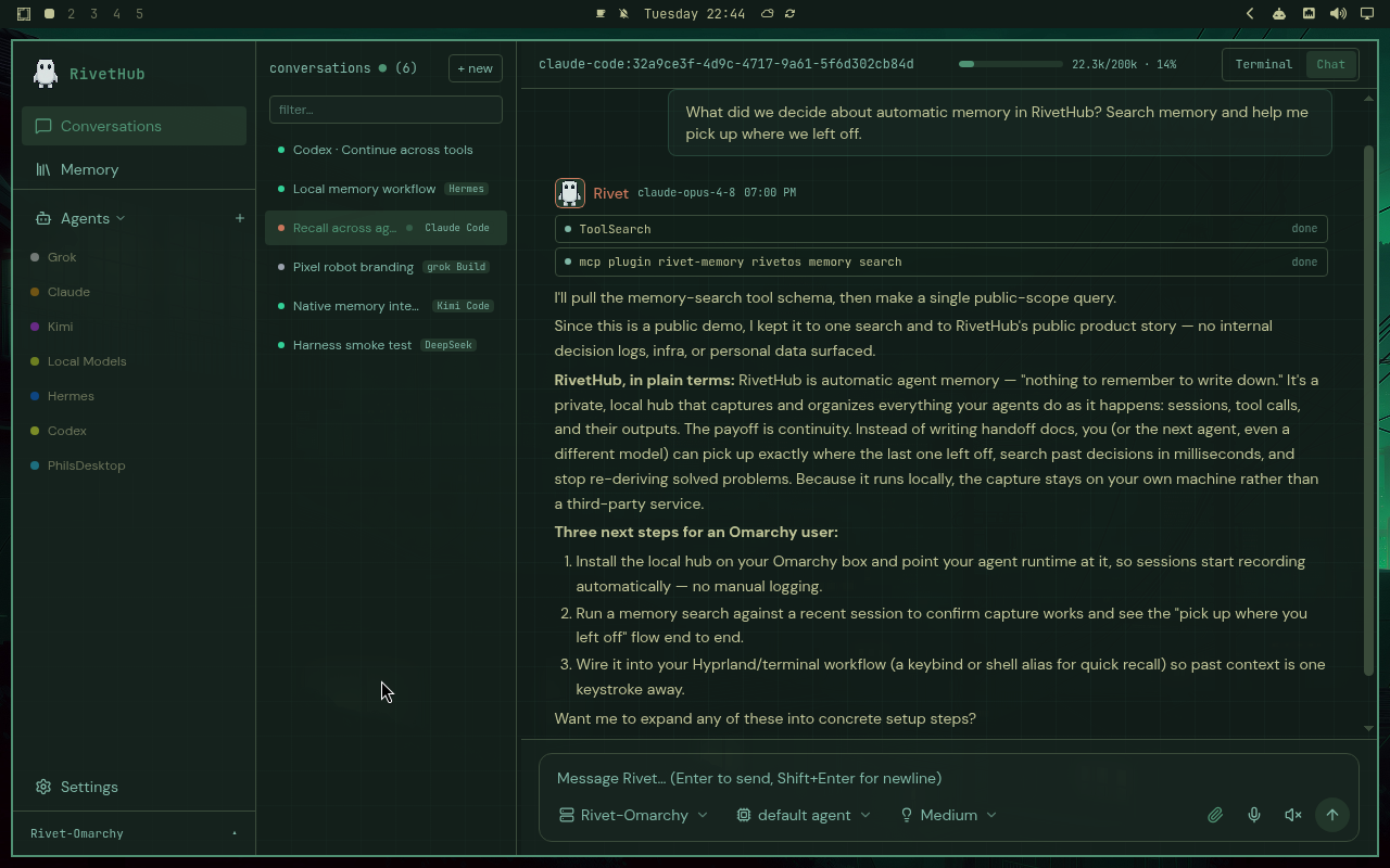 RivetHub in Osaka Jade: chat, expanded view, showing a saved memory-recall conversation. Open full-size screenshot.